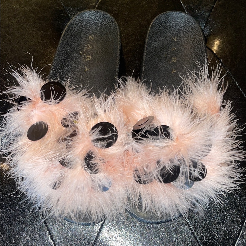 Zara Pale Pink Feather Slides with Black Sequin Discs Size 37